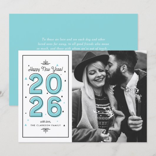 Blauwe Geometrische Typografie 2025 Nieuwjaar Feestdagenkaart (Voorkant / Achterkant)