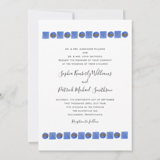 Blauwe geometrische Waterverf | Naam ouders bruilo Kaart (Voorkant)