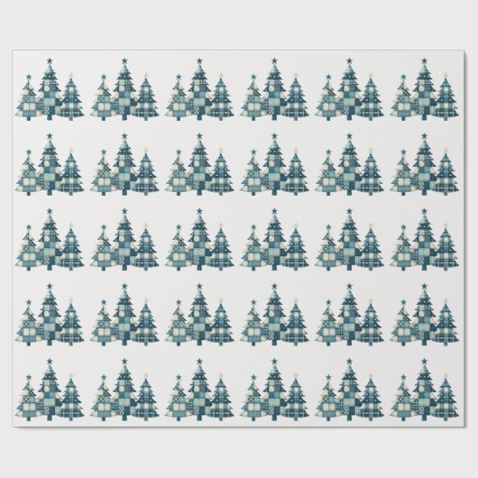 Blauwe geruite kerstbomen cadeaupapier (Vlak)