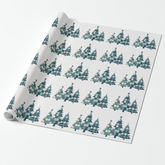 Blauwe geruite kerstbomen cadeaupapier (Uitgerold)