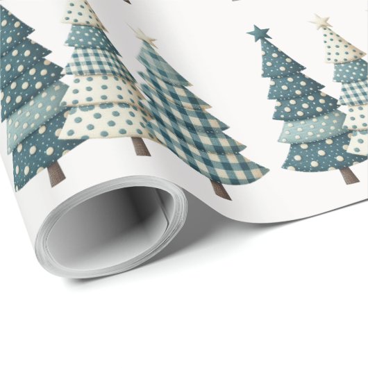 Blauwe geruite kerstbomen cadeaupapier (Rol Hoek)