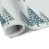 Blauwe geruite kerstbomen cadeaupapier (Rol Hoek)