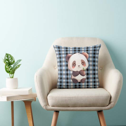 Blauwe geruite panda-werpkussen kussen (Stoel)