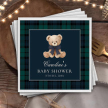 Blauwe geruite teddybeer babyshower servetten