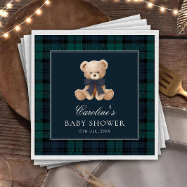 Blauwe geruite teddybeer babyshower servetten