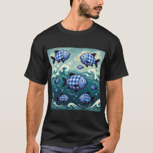 Blauwe geruite visschool t-shirt
