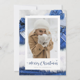 Blauwe Geschenk Handlettering Foto Kerstkaarten Feestdagenkaart
