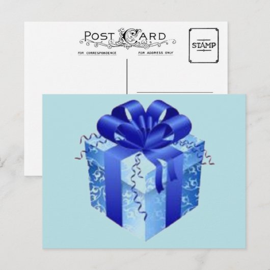 Blauwe geschenkdoos met blauw lint feestdagenkaart (Voorkant / Achterkant)