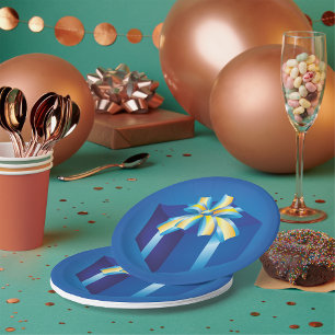 Blauwe geschenkdoos met geel en Aqua-lint Papieren Bordje