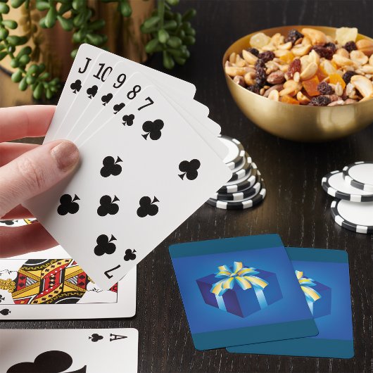 Blauwe geschenkdoos met geel en Aqua-lint Pokerkaarten