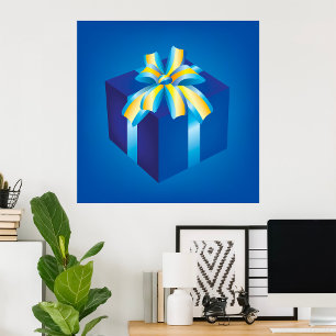 Blauwe geschenkdoos met geel en Aqua-lint Poster