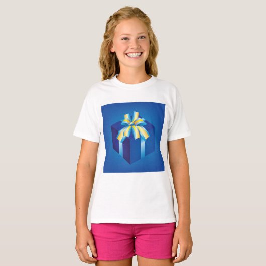 Blauwe geschenkdoos met geel en Aqua-lint T-shirt (Voorkant volledig)