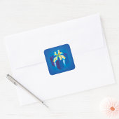 Blauwe geschenkdoos met geel en Aqua-lint Vierkante Sticker