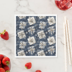 Blauwe Geschenken Strikken Zilveren Sneeuwvlokken Servet