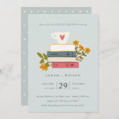Blauwe gestapelde boeken Floral Couples Shower Inv Bedankkaart (Voorkant / Achterkant)