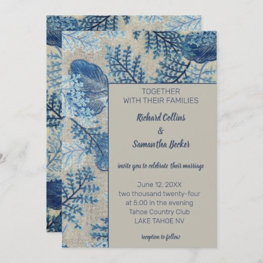 Blauwe gestikte bloem kaart (Voorkant / Achterkant)