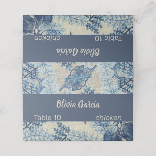 Blauwe gestikte bloem plaatskaartje (Buitenkant ongevouwen)