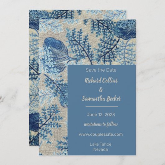 Blauwe gestikte bloemenbruiloft Bewaar de datum Save The Date (Voorkant / Achterkant)