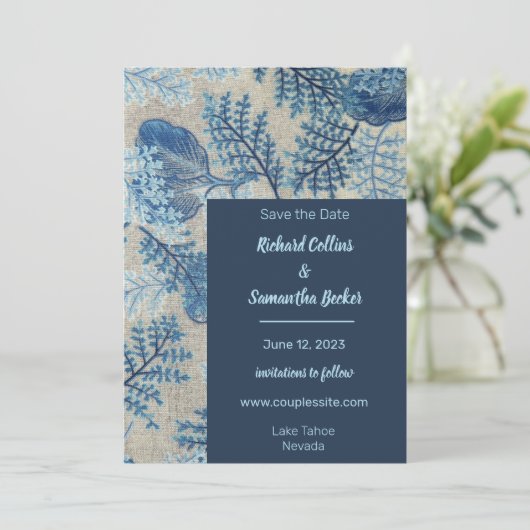 Blauwe gestikte bloemenbruiloft Bewaar de datum Save The Date (Staand voorkant)