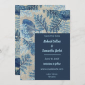 Blauwe gestikte bloemenbruiloft Bewaar de datum Save The Date (Voorkant / Achterkant)