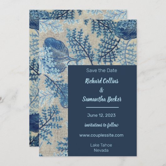 Blauwe gestikte bloemenbruiloft Bewaar de datum Save The Date (Voorkant / Achterkant)