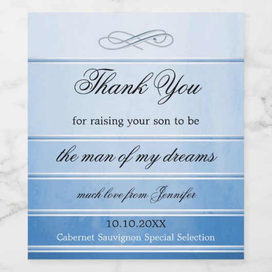 Blauwe gestreepte moeder in wettige weddenschap Wi Wijn Etiket (Enkel label)