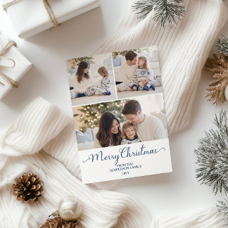 Blauwe gestreepte strik Familie 3 foto kerst Feestdagenkaart