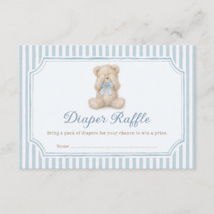 Blauwe gestreepte teddybeer babyshower luierraffle informatiekaartje