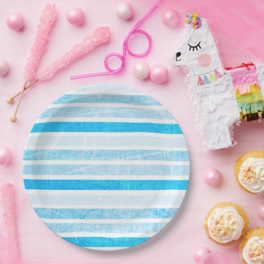 Blauwe, gestripte papieren Borden voor groot papie Papieren Bordje (Feest)