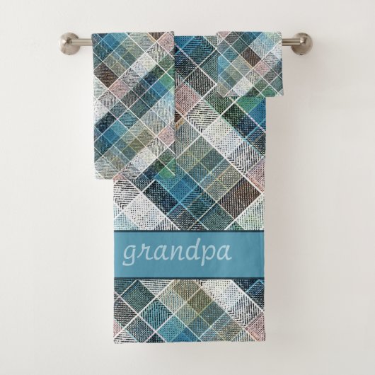 Blauwe getextureerde tartan. bad handdoek (Insitu)