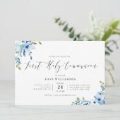 Blauwe geverfde bloemen eerste communie kaart (Staand voorkant)