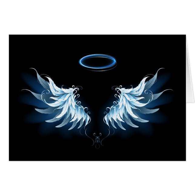 Blauwe Ggloed Angel Wings op zwarte achtergrond (Voorkant Horizontaal)
