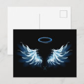 Blauwe Ggloed Angel Wings op zwarte achtergrond Aankondigingskaart (Voorkant / Achterkant)