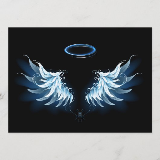 Blauwe Ggloed Angel Wings op zwarte achtergrond Advieskaart (Voorkant)