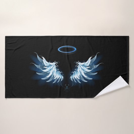 Blauwe Ggloed Angel Wings op zwarte achtergrond Badhanddoek (Badhanddoek)