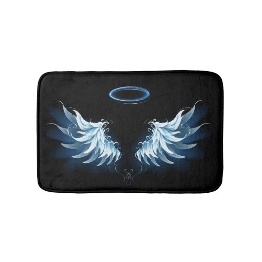Blauwe Ggloed Angel Wings op zwarte achtergrond Badmat (Voorkant)