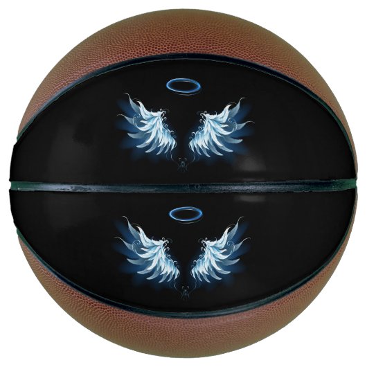 Blauwe Ggloed Angel Wings op zwarte achtergrond Basketbal (Voorkant)