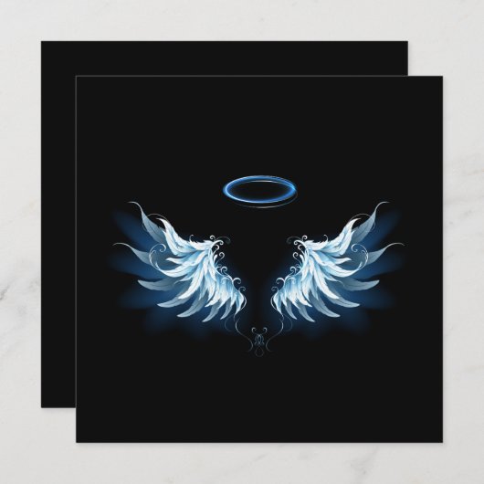 Blauwe Ggloed Angel Wings op zwarte achtergrond Bedankkaart (Voorkant / Achterkant)