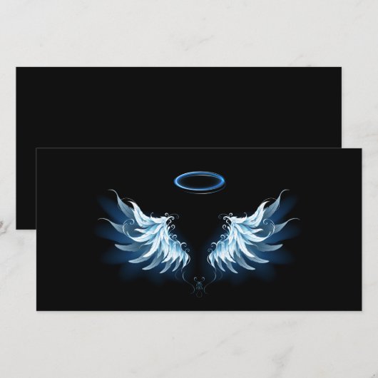 Blauwe Ggloed Angel Wings op zwarte achtergrond Bedankkaart (Voorkant / Achterkant)