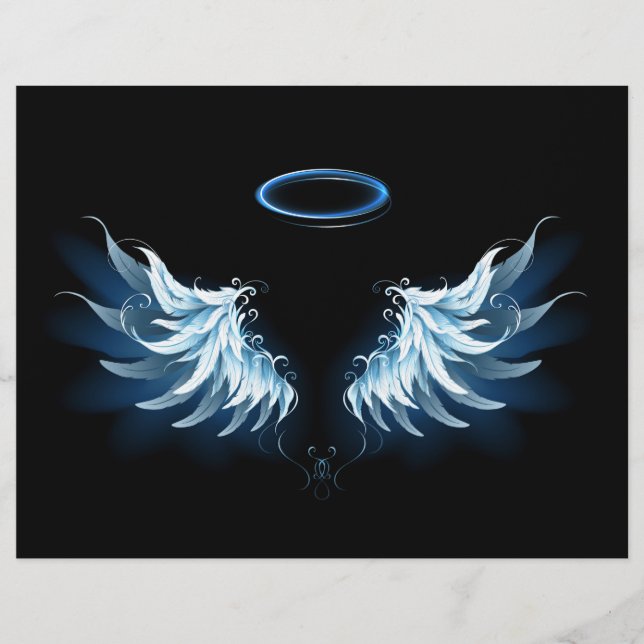Blauwe Ggloed Angel Wings op zwarte achtergrond Briefhoofd (Voorkant)
