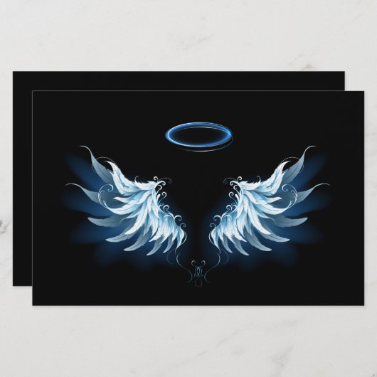 Blauwe Ggloed Angel Wings op zwarte achtergrond Briefpapier (Voorkant / Achterkant)