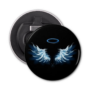 Blauwe Ggloed Angel Wings op zwarte achtergrond Button Flesopener