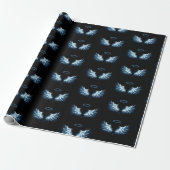 Blauwe Ggloed Angel Wings op zwarte achtergrond Cadeaupapier (Uitgerold)