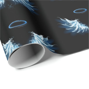 Blauwe Ggloed Angel Wings op zwarte achtergrond Cadeaupapier