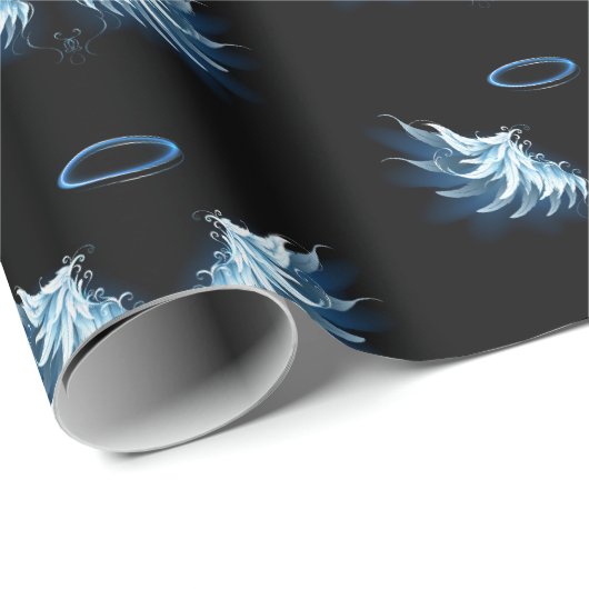 Blauwe Ggloed Angel Wings op zwarte achtergrond Cadeaupapier (Rol Hoek)