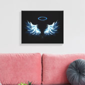 Blauwe Ggloed Angel Wings op zwarte achtergrond Canvas Afdruk (Insitu (Woonkamer))