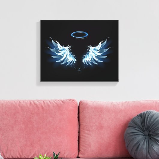 Blauwe Ggloed Angel Wings op zwarte achtergrond Canvas Afdruk (Insitu (Woonkamer))