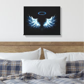 Blauwe Ggloed Angel Wings op zwarte achtergrond Canvas Afdruk (Insitu (Slaapkamer))