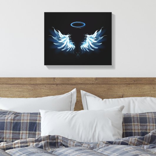 Blauwe Ggloed Angel Wings op zwarte achtergrond Canvas Afdruk (Insitu (Slaapkamer))