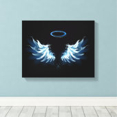 Blauwe Ggloed Angel Wings op zwarte achtergrond Canvas Afdruk (Insitu (Houten vloer))